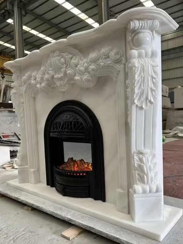 pure white marble fireplace